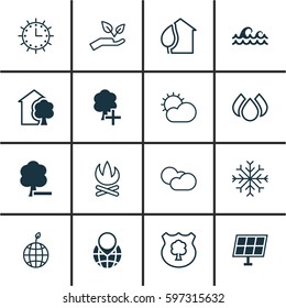 Set Of 16 Ecology Icons. Includes Insert Woods, Clear Climate, House And Other Symbols. Beautiful Design Elements.