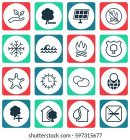 Set Of 16 Ecology Icons. Includes Save World, Fire Banned, Snow And Other Symbols. Beautiful Design Elements.