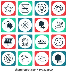 Set Of 16 Ecology Icons. Includes Snow, Save World, Cigarette And Other Symbols. Beautiful Design Elements.