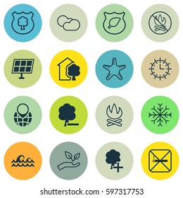Set Of 16 Ecology Icons. Includes Cigarette, Save World, Sea Star And Other Symbols. Beautiful Design Elements.