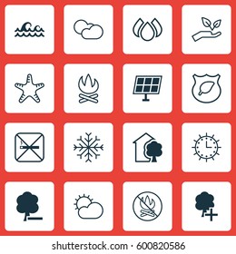 Set Of 16 Ecology Icons. Includes Snow, Ocean Wave, Insert Woods And Other Symbols. Beautiful Design Elements.