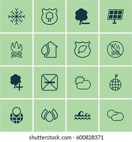 Set Of 16 Ecology Icons. Includes Home, Ocean Wave, Timber And Other Symbols. Beautiful Design Elements.