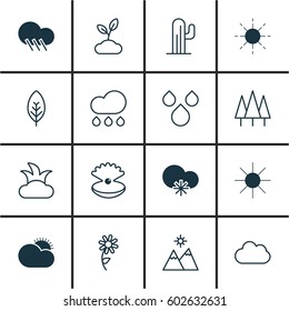 Set Of 16 Ecology Icons. Includes Raindrop, Sunflower, Cloud And Other Symbols. Beautiful Design Elements.