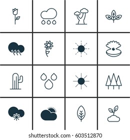 Set Of 16 Ecology Icons. Includes Cold Climate, Sprout, Love Flower And Other Symbols. Beautiful Design Elements.