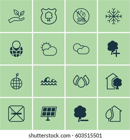 Set Of 16 Ecology Icons. Includes Insert Woods, Pin Earth, Home And Other Symbols. Beautiful Design Elements.