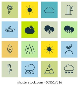 Set Of 16 Ecology Icons. Includes Sunny Weather, Landscape, Cloud Symbols. Beautiful Design Elements.
