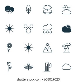 Set Of 16 Ecology Icons. Includes Water Drops, Bush, Sunflower And Other Symbols. Beautiful Design Elements.