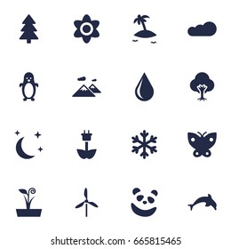 Set Of 16 Ecology Icons Set.Collection Of Green Power, Winter Snow, Pinnacle And Other Elements.