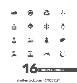 Set Of 16 Ecology Icons Set.Collection Of Flowerpot, Midnight, Solar And Other Elements.