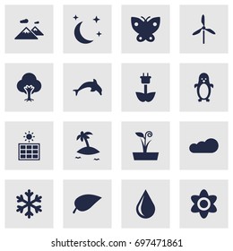 Set Of 16 Ecology Icons Set.Collection Of Moth, Bloom, Isle Beach And Other Elements.