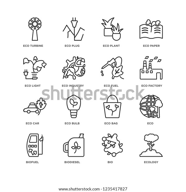 Set Of 16 Ecology linear icons\
such as Ecology, Bio, Biodiesel, Biofuel, Eco, eco Turbine, Eco\
light, car, fuel, editable stroke icon pack, pixel\
perfect