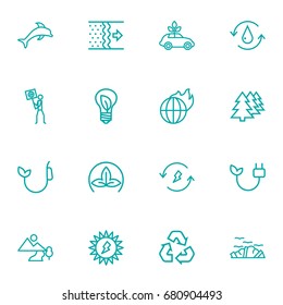 Set Of 16 Ecology Outline Icons Set.Collection Of Renewable Energy, Water, Landscape Elements.