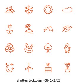 Set Of 16 Ecology Outline Icons Set.Collection Of Electric Mill, Sun Power, Dolphin And Other Elements.
