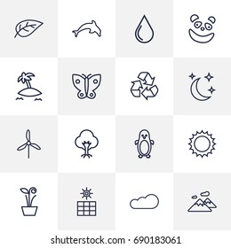 Set Of 16 Ecology Outline Icons Set.Collection Of Dolphin, Leaf, Water Drop And Other Elements.