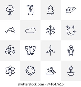 Set Of 16 Ecology Outline Icons Set.Collection Of Snowflake, Dolphin, Mountain And Other Elements.