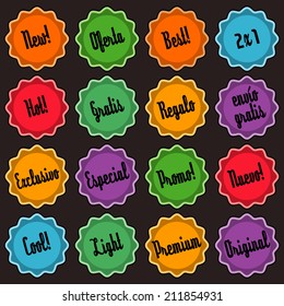 Set of 16 e-commerce badges, spanish and english. CMYK EPS8 vector illustration, global colors.