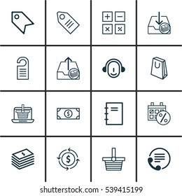 Set Of 16 E-Commerce Icons. Includes Calculation Tool, Price Stamp, Telephone And Other Symbols. Beautiful Design Elements.