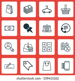 Set Of 16 E-Commerce Icons. Includes Peg, Pannier, Money Transfer And Other Symbols. Beautiful Design Elements.