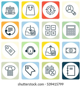 Set Of 16 E-Commerce Icons. Includes Calculator, Employee, Tote Bag And Other Symbols. Beautiful Design Elements.