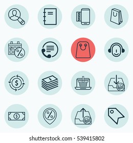 Set Of 16 E-Commerce Icons. Includes Price Stamp, Spiral Notebook, Spectator And Other Symbols. Beautiful Design Elements.