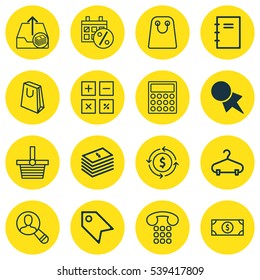 Set Of 16 Ecommerce Icons. Includes Price Stamp, Spiral Notebook, Callcentre And Other Symbols. Beautiful Design Elements.