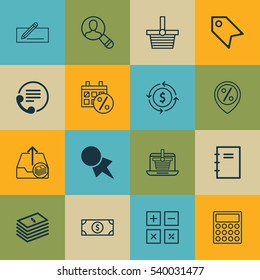 Set Of 16 E-Commerce Icons. Includes Discount Location, E-Trade, Finance And Other Symbols. Beautiful Design Elements.