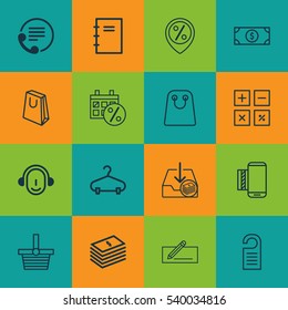 Set Of 16 E-Commerce Icons. Includes Spiral Notebook, Calculation Tool, Mobile Service And Other Symbols. Beautiful Design Elements.