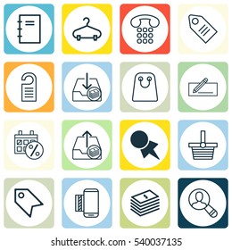 Set Of 16 Ecommerce Icons. Includes Spiral Notebook, Spectator, Ticket And Other Symbols. Beautiful Design Elements.