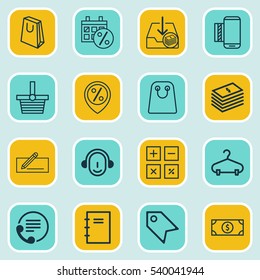 Set Of 16 E-Commerce Icons. Includes Withdraw Money, Money Transfer, Telephone And Other Symbols. Beautiful Design Elements.