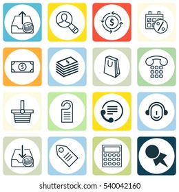 Set Of 16 E-Commerce Icons. Includes Buck, Employee, Discount Coupon And Other Symbols. Beautiful Design Elements.