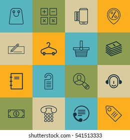 Set Of 16 E-Commerce Icons. Includes Ticket, Buck, Money Transfer And Other Symbols. Beautiful Design Elements.