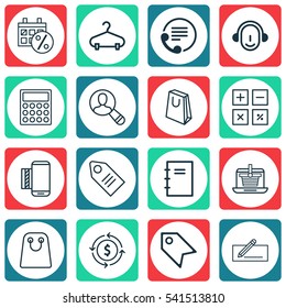 Set Of 16 E-Commerce Icons. Includes Employee, Calculator, E-Trade And Other Symbols. Beautiful Design Elements.