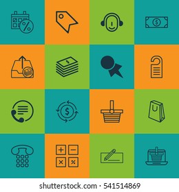 Set Of 16 E-Commerce Icons. Includes E-Trade, Price Stamp, Price And Other Symbols. Beautiful Design Elements.
