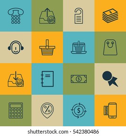 Set Of 16 E-Commerce Icons. Includes Discount Coupon, Outgoing Earnings, Buck And Other Symbols. Beautiful Design Elements.