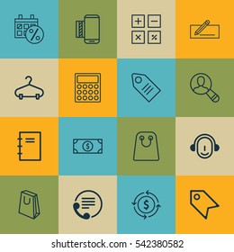 Set Of 16 Ecommerce Icons. Includes Telephone, Price Stamp, Finance And Other Symbols. Beautiful Design Elements.
