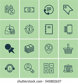 Set Of 16 Ecommerce Icons. Includes Calculation Tool, Withdraw Money, Dollar Banknote And Other Symbols. Beautiful Design Elements.