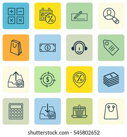 Set Of 16 Ecommerce Icons. Includes Dollar Banknote, E-Trade, Black Friday And Other Symbols. Beautiful Design Elements.