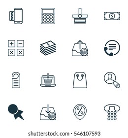 Set Of 16 Ecommerce Icons. Includes Calculator, Calculation Tool, Dollar Banknote And Other Symbols. Beautiful Design Elements.