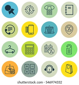 Set Of 16 E-Commerce Icons. Includes Handbag, Telephone, Discount Coupon Symbols. Beautiful Design Elements.