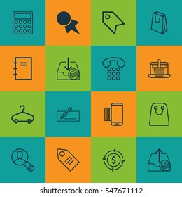 Set Of 16 E-Commerce Icons. Includes Discount Coupon, Money Transfer, Ticket And Other Symbols. Beautiful Design Elements.