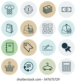 Set Of 16 E-Commerce Icons. Includes Handbag, Calculator, Pannier Symbols. Beautiful Design Elements.