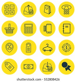 Set Of 16 Ecommerce Icons. Includes Spiral Notebook, Peg, Callcentre And Other Symbols. Beautiful Design Elements.