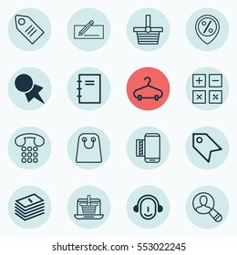 Set Of 16 Ecommerce Icons. Includes Spiral Notebook, Calculation Tool, Money Transfer And Other Symbols. Beautiful Design Elements.