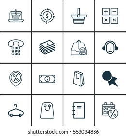 Set Of 16 E-Commerce Icons. Includes Outgoing Earnings, Calculation Tool, Buck And Other Symbols. Beautiful Design Elements.