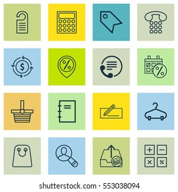 Set Of 16 Ecommerce Icons. Includes Price Stamp, Calculation Tool, Telephone And Other Symbols. Beautiful Design Elements.