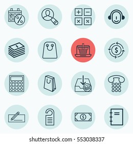 Set Of 16 E-Commerce Icons. Includes Dollar Banknote, Callcentre, Withdraw Money And Other Symbols. Beautiful Design Elements.