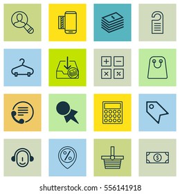 Set Of 16 Ecommerce Icons. Includes Mobile Service, Telephone, Pannier And Other Symbols. Beautiful Design Elements.