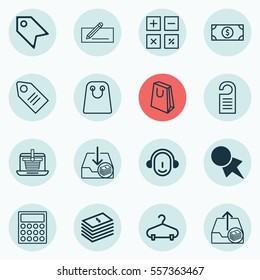 Set Of 16 E-Commerce Icons. Includes Buck, E-Trade, Withdraw Money And Other Symbols. Beautiful Design Elements.