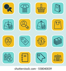 Set Of 16 E-Commerce Icons. Includes Price Stamp, Discount Location, Discount Coupon And Other Symbols. Beautiful Design Elements.