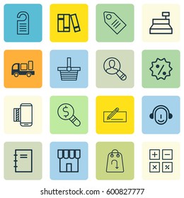 Set Of 16 Ecommerce Icons. Includes Shop, Business Inspection, Spiral Notebook And Other Symbols. Beautiful Design Elements.